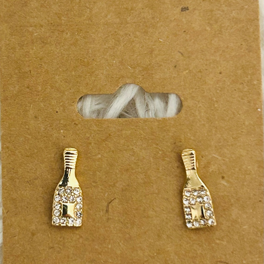 Gold Champagne Bubbley CZ Bottle Stud Earrings NWT